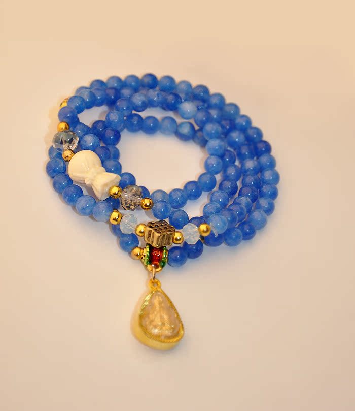 炫民族风天然石榴石手链 女 韩版 蓝色 碧玺水晶佛牌手链 多层