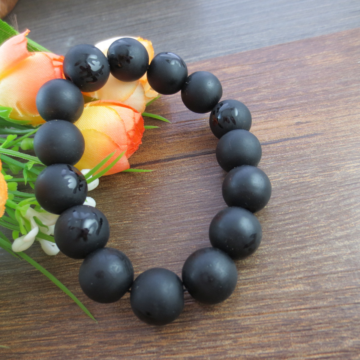 天然砭石佛珠手链 12mm 送长辈 带佛字 磨砂 黑白茶 三色可选