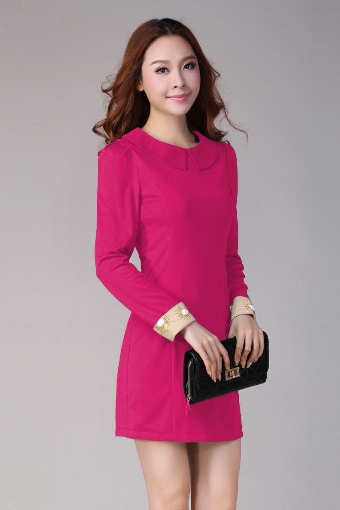 春季新装韩版女装 大码娃娃领收腰ol连衣裙带关系