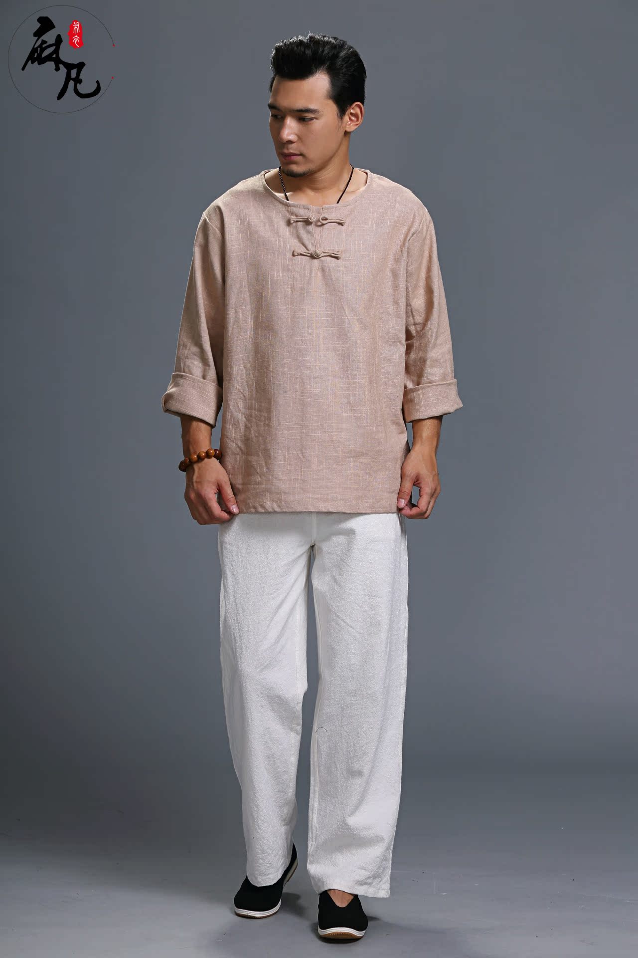 云南大理白族自治州麻凡布衣 2014新款男装 民族风圆领粗麻长袖两扣