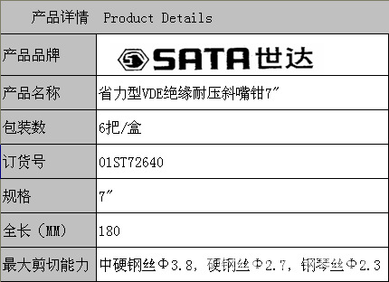 手用工具世达工具省力型vde绝缘耐压斜嘴钳7寸72640正品保证