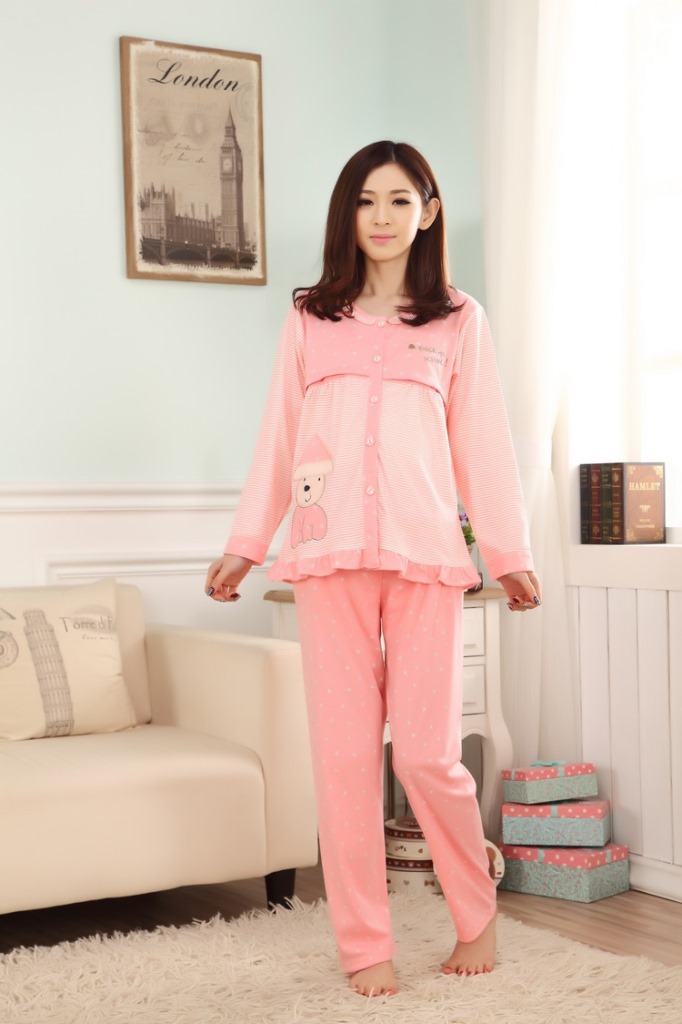 睡衣批发 女式春秋季长袖纯棉 孕妇哺乳装可爱卡通条纹套装家居服