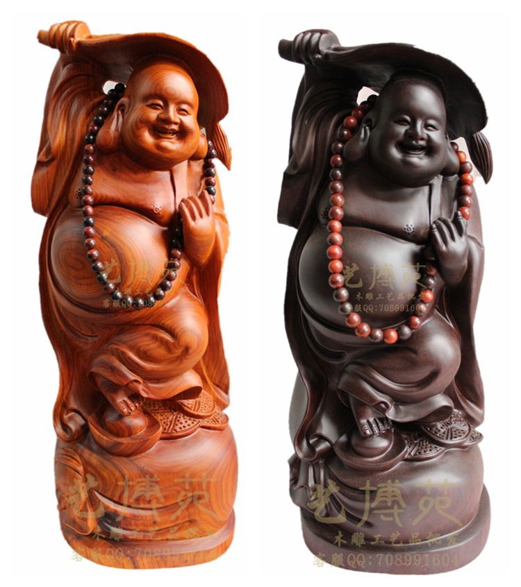 60cm红木扇佛芭蕉扇自在弥勒佛像草花梨雕刻工艺品摆件厂价直销
