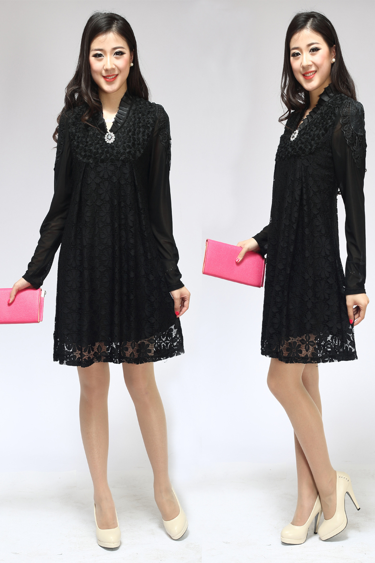 春季新款欧美精品胖mm长袖蕾丝女装大码连衣裙