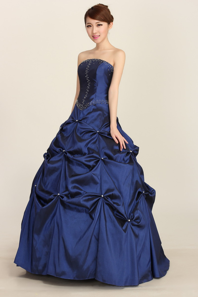 11hs25 宝蓝色珍珠蓬蓬婚纱 新娘结婚敬酒礼服 宴会演出礼服批发