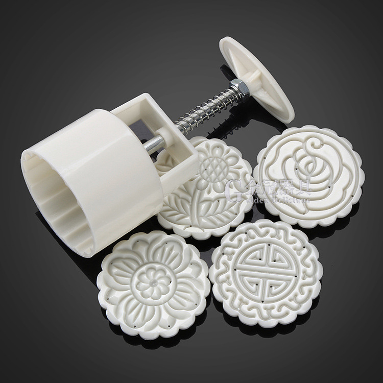 塑料手压月饼印模 100克5头月饼模具套装 一个手压桶4个花片