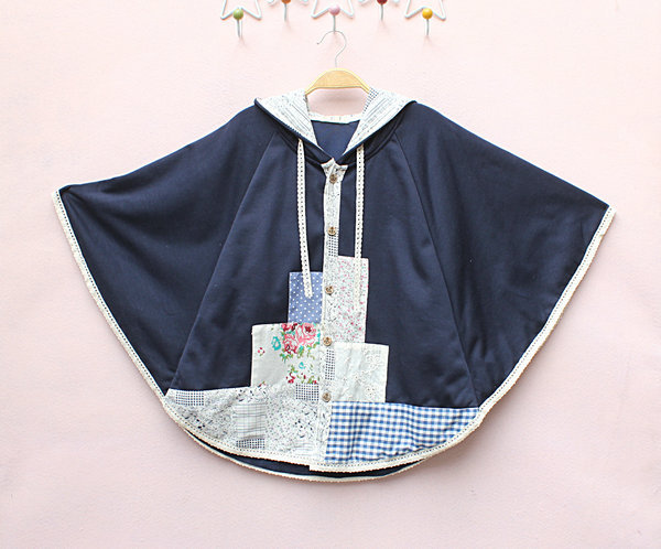 一件包邮代发货ray拼格子花布连帽可开扣蝙蝠斗篷