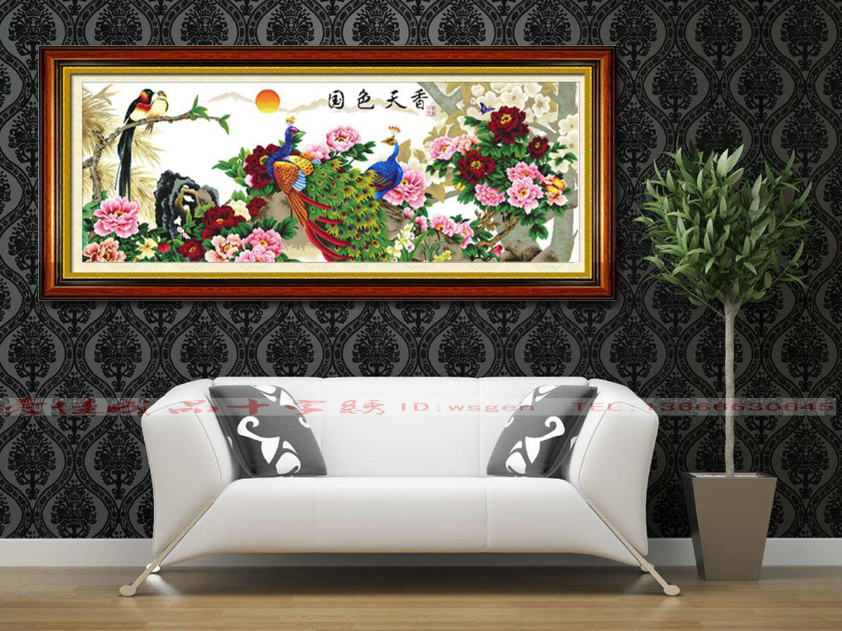 诚招代理 国色天香富贵牡丹孔雀版 动物类无纸水洗机绣十字绣成品