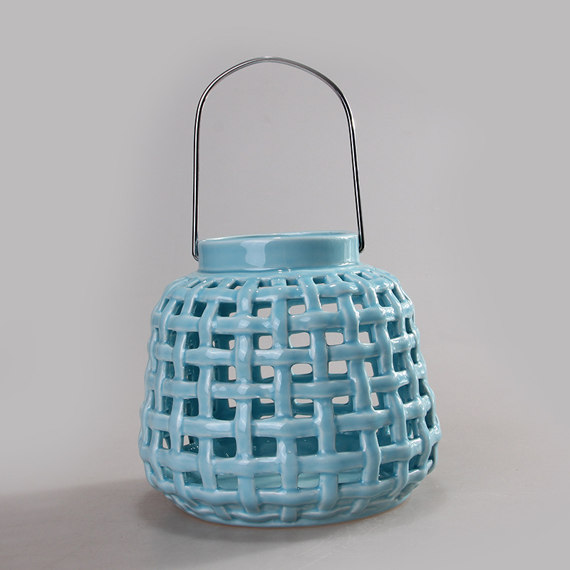 田园风蓝色镂空陶瓷风灯 新品陶瓷礼品装饰夜灯情人节创意礼品