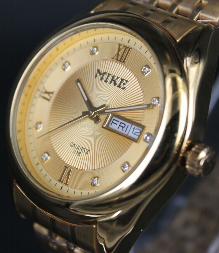 mike米可金色高档男士手表日历合金腕表石英表