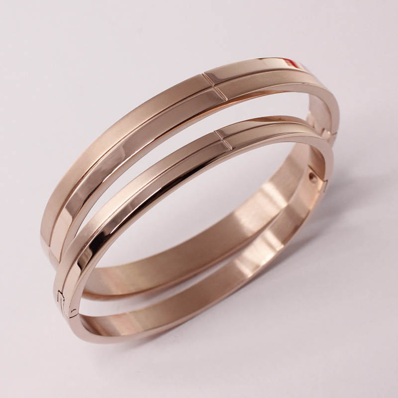 新款 时尚间隔纱面光面 14k玫瑰金手镯 男女通用 钛钢饰品