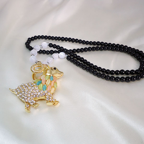 x230 彩钻山羊吊坠长毛衣链 可爱镶钻生肖动物串珠项链 义乌饰品