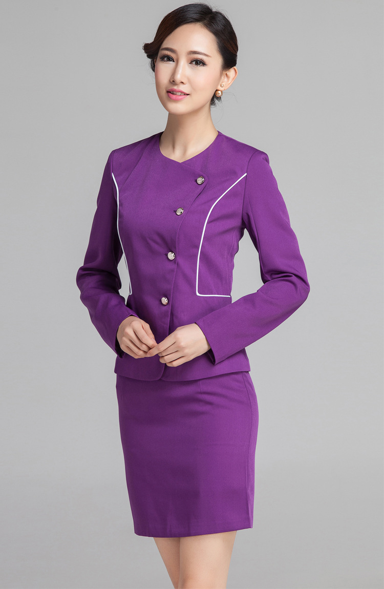 长期供应2014秋冬长袖空姐职业套装工作服职业紫色美容院职业套裙