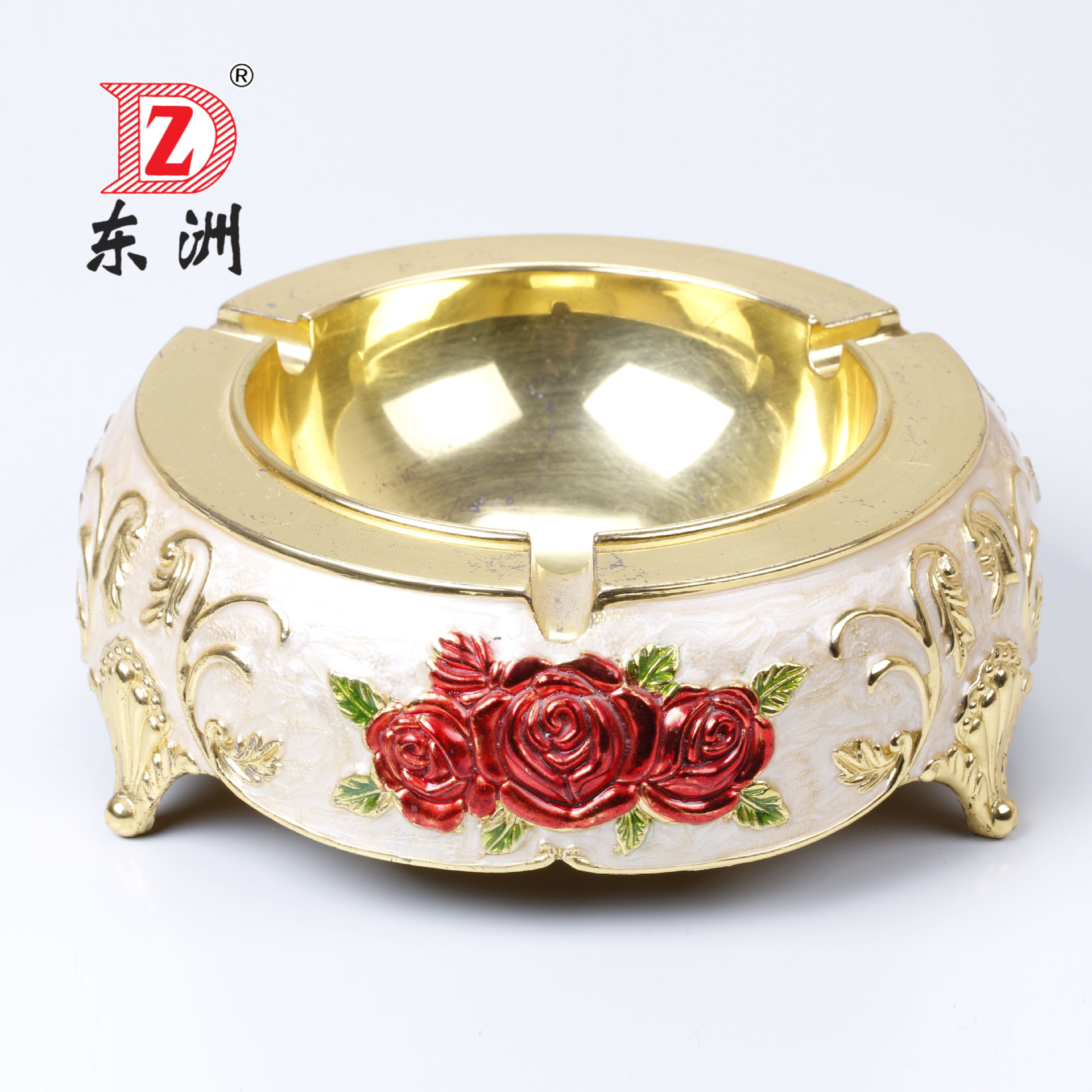 东洲 中号金边红花绿叶合金烟灰缸 奢华欧式复古合金烟灰缸dz005