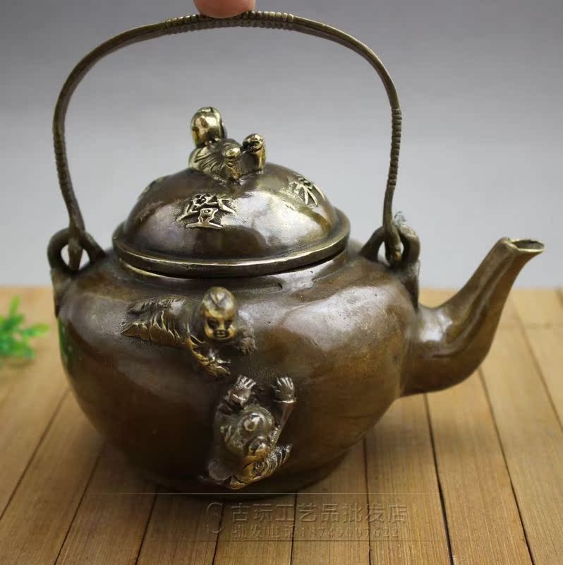 杂项批发铜器仿古纯铜五子登科酒壶手提水壶摆件大清御制茶壶