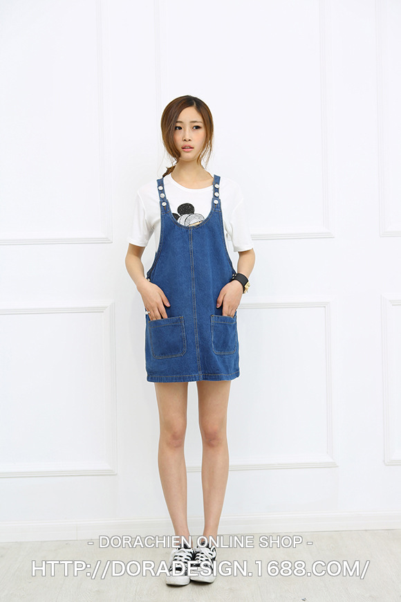 朵拉韩国ulzzang新款复古宽松休闲大口袋牛仔连衣裙 背心裙背带裙