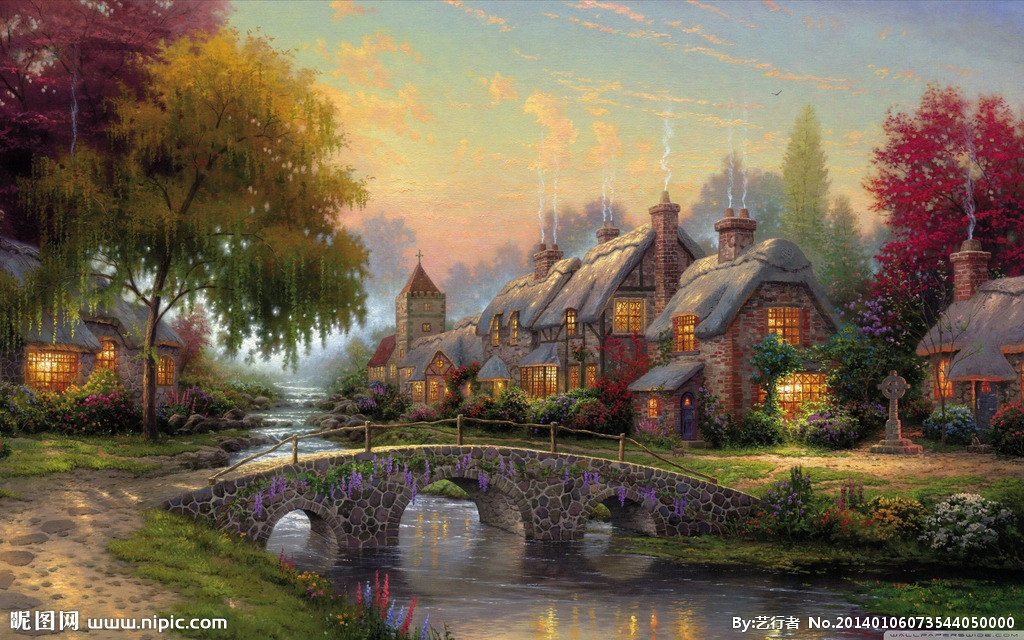 订制大型壁画 电视背景墙纸壁纸欧美油画 田园小屋风景画美式乡村