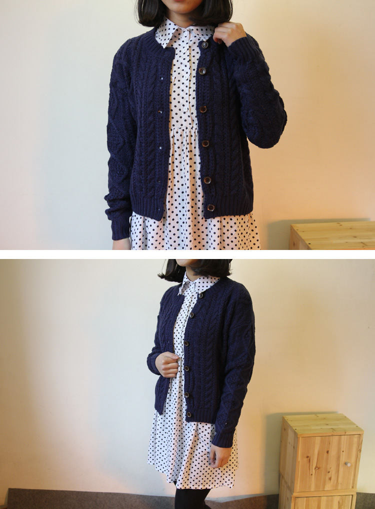 韩国ulzzang代购同款森女麻花开衫纽扣百搭编织毛衣毛线衫外套