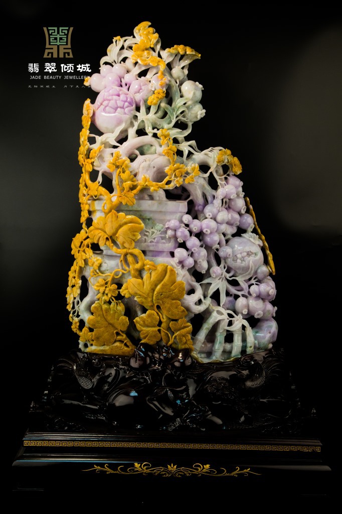 缅甸玉天然翡翠a货 黄皮紫底花鸟翡翠摆件 多子多福 可出证书