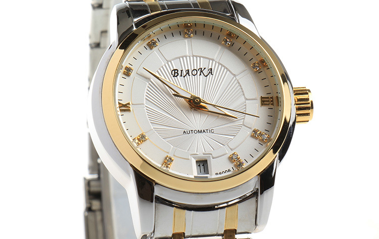 女款标卡正品 情侣对表间金版 立体印花钢带日历自动机械表 b6006