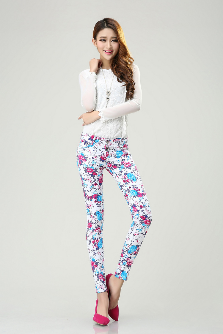 2014新款夏季女装印花朵碎花裤子小脚铅笔裤九分裤花牛仔裤长裤子