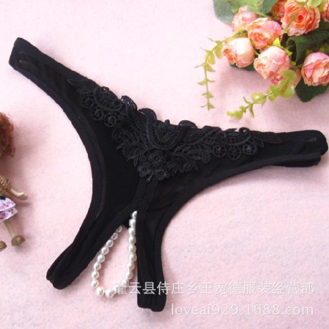批发珍珠提花开洞丁字裤 蕾丝性感女士按摩内裤 大码t裤 真人实拍图片