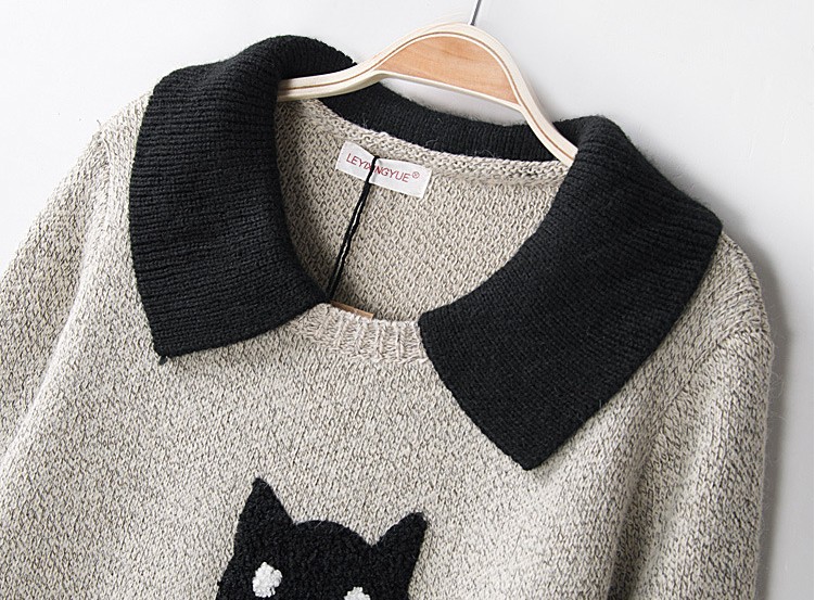 可爱猫咪带口袋领毛衣针织衫