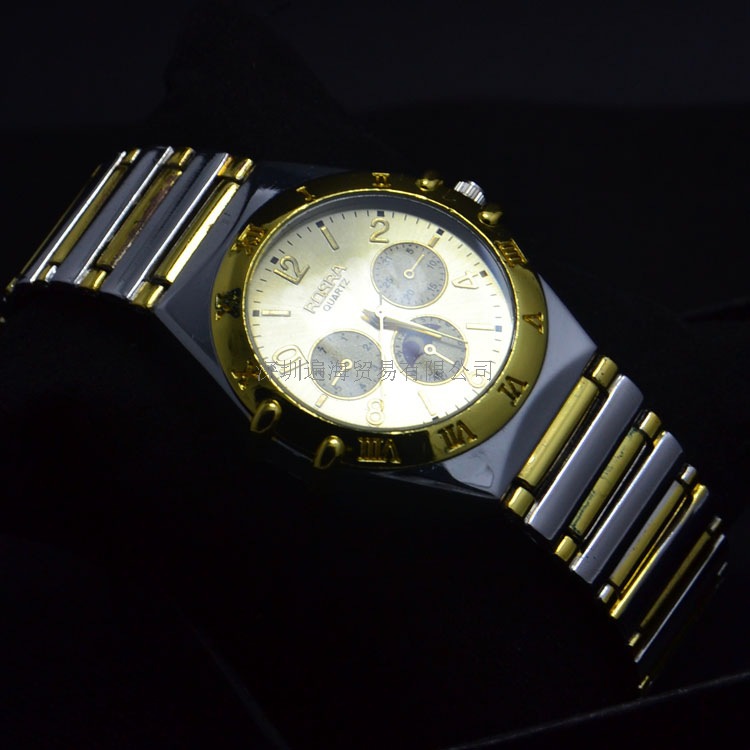 正品外贸rosra三眼六针石英钢带表 男士商务礼品手表 一件代发