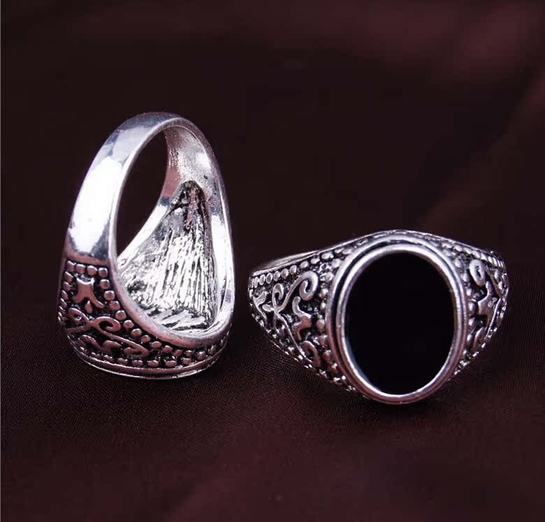 古银雕花饰品 黑宝石欧美复古戒指 厂家直销男戒 速卖通大量批发