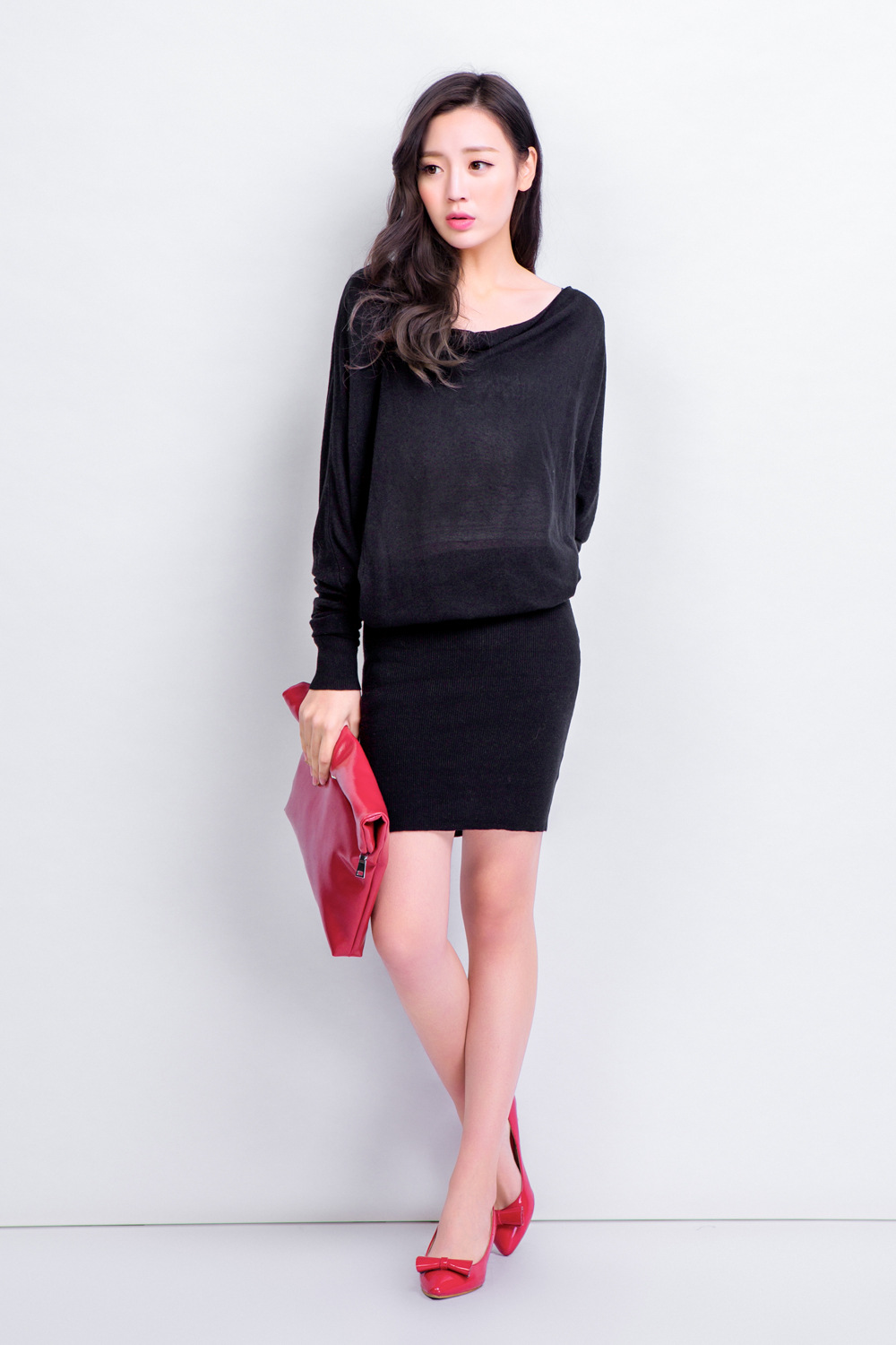 im princess 春夏款蝙蝠袖荡漾领包臀裙一体针织连衣裙 476