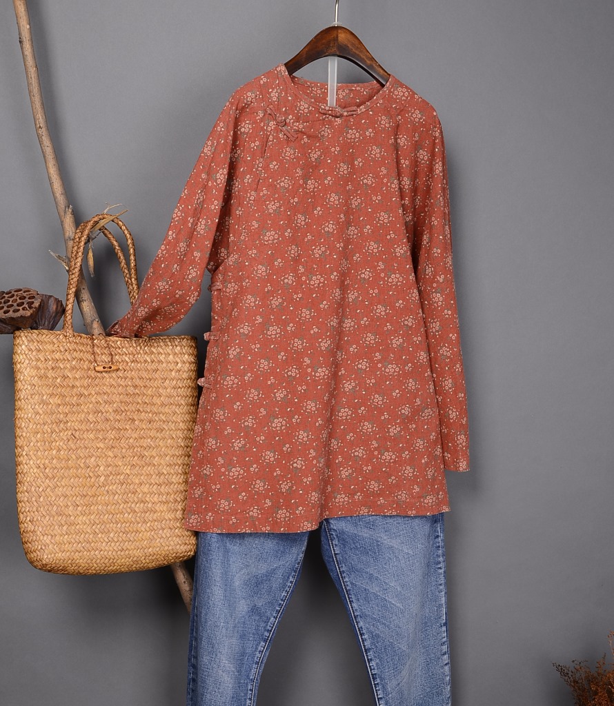 改良中式风格小花盘口旗袍原创设计复古做旧红花盘扣斜襟衫打底衫