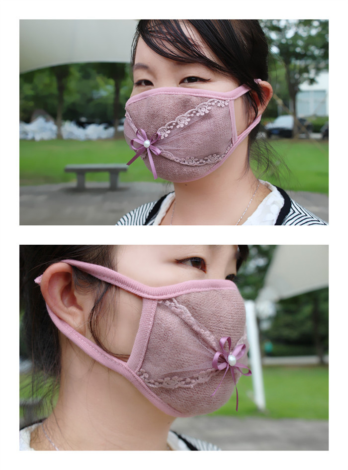 浙江金华冬季保暖蕾丝花边x交叉口罩 挂耳式防雾汽车口罩 珍珠四叶棉