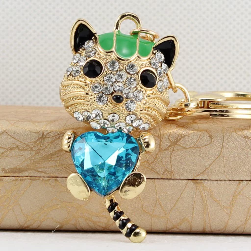 宝石猫合金创意钥匙扣汽车挂件包包挂件韩国风镶钻钥匙扣低价混批