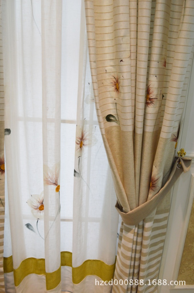 厂家批发 纯手工手绘棉麻窗帘 卧室客厅高