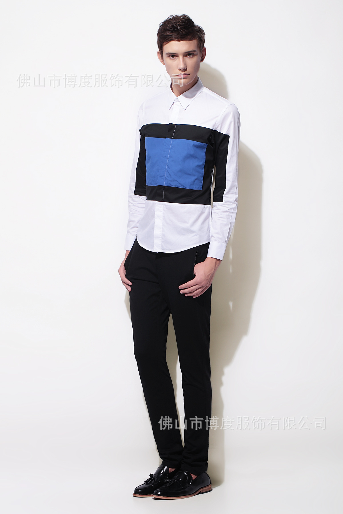 欧美潮流2014高田拼接撞色新款长袖衬衫