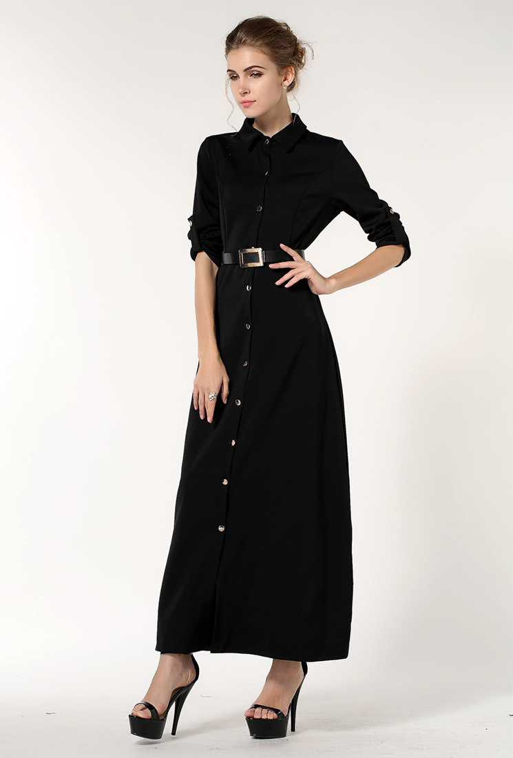 jo6346 秋冬装新款衬衫领欧美风加厚连衣裙长袖高腰黑色加绒长裙