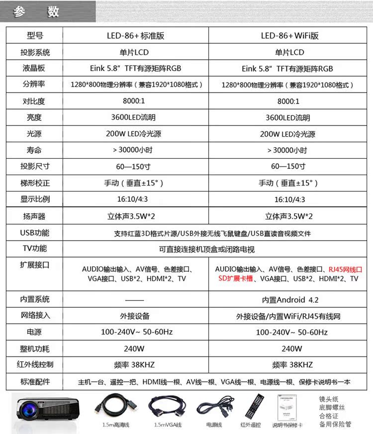 供应工厂批发 轰天炮投影机新款led86  双线智能上网投影仪 1280*800