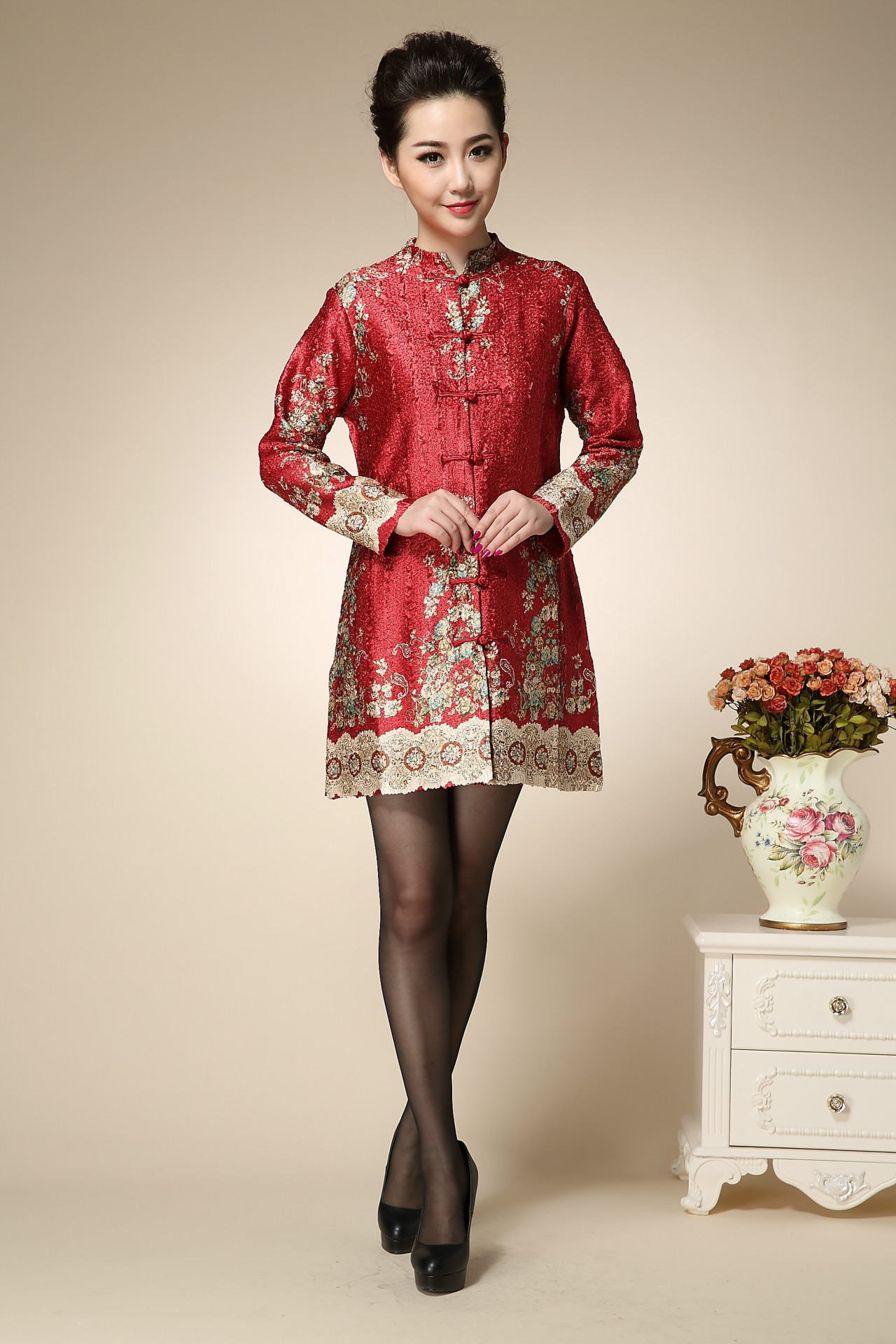 中老年妈妈装复古女装高贵优雅中国风一字扣连衣裙大码一件代发图片