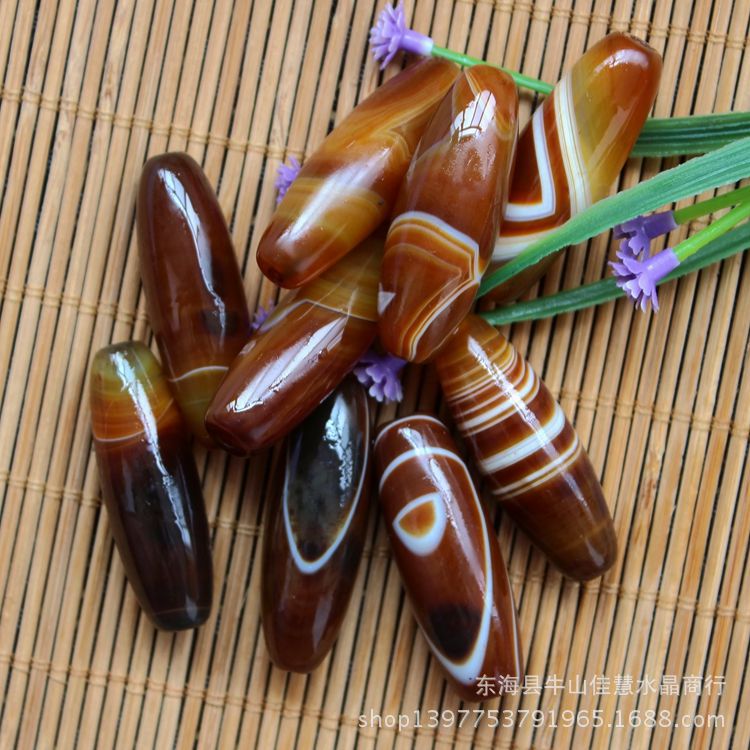 天然缠丝玛瑙棕色天珠散珠长勒子桶珠米珠转运珠批发diy佛珠配件