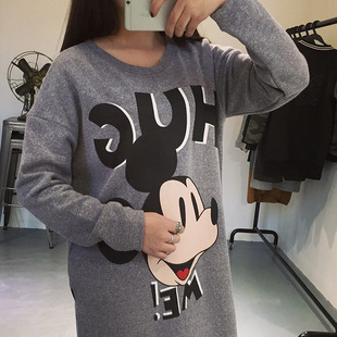 朵拉韩国女装新款 宽松大码套头蝙蝠袖加绒卫衣裙 卡通印花连衣裙