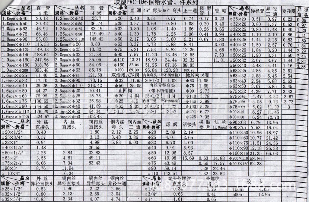 廣東東莞聯塑u-pvc給水管,ppr給水管,pvc排水管,線槽線管 單價表詳情