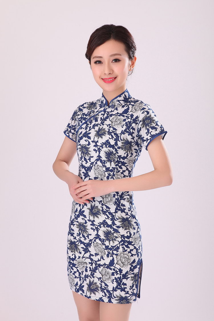 时尚麻布青花瓷旗袍裙批发夏季日常短袖复古中式改良修身显瘦裙子