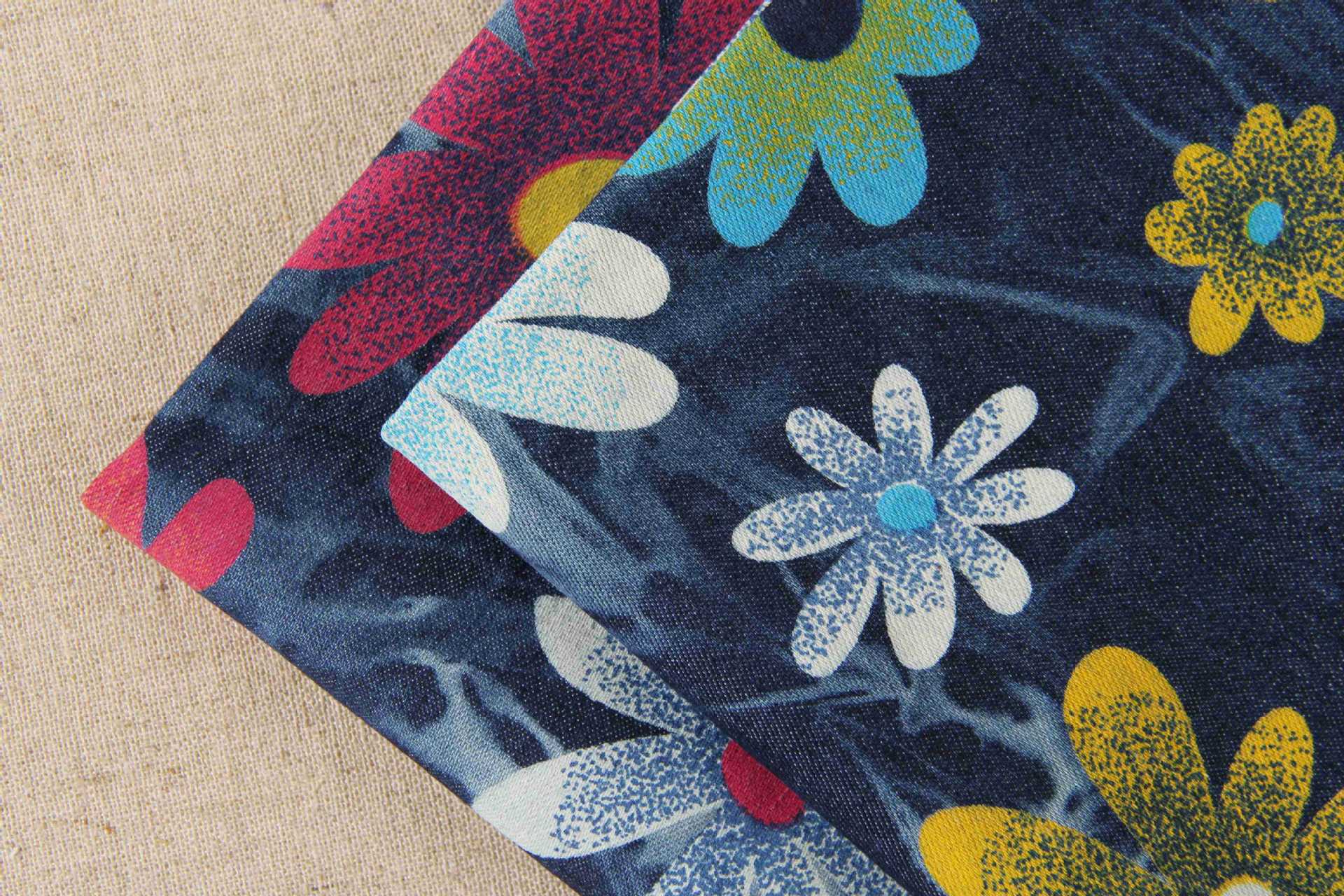 柯桥厂家直销 现货供应 牛仔彩拔扎印花花洗水面料 太阳花