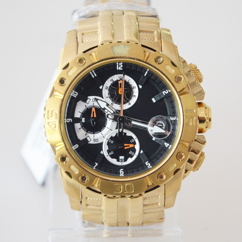 速卖通ebay热销款男士手表 高档大表盘钢带表 金色带日历防水手表