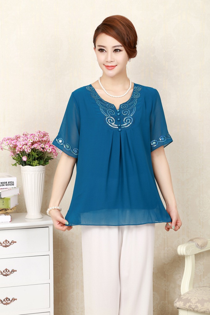 中老年女士夏季双层真丝雪纺衫 短袖妈妈装 qxyr-a12#加大码t恤衫