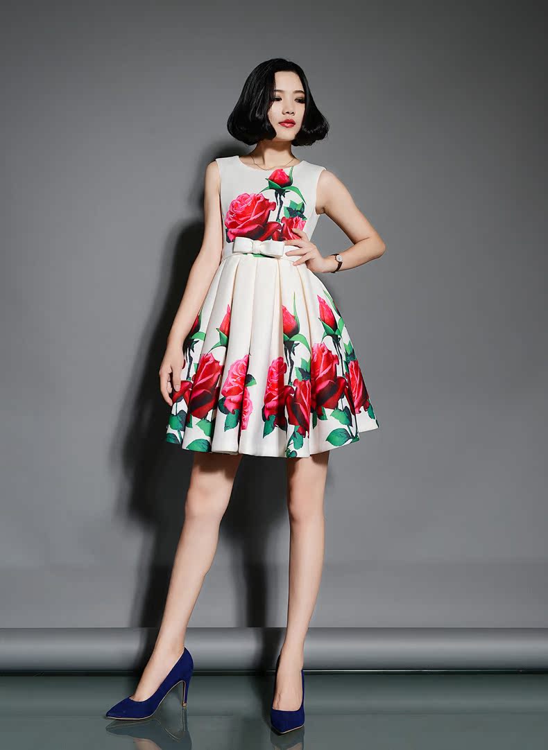 2014年女装欧版空气层玫瑰印花厂家直批百褶无袖女士连衣裙f460