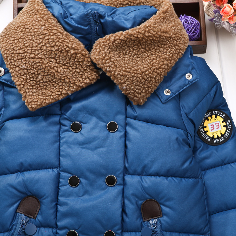 冬款大童男童扣子加厚棉外套 中大童装带帽儿童衣服纯色羽绒棉衣