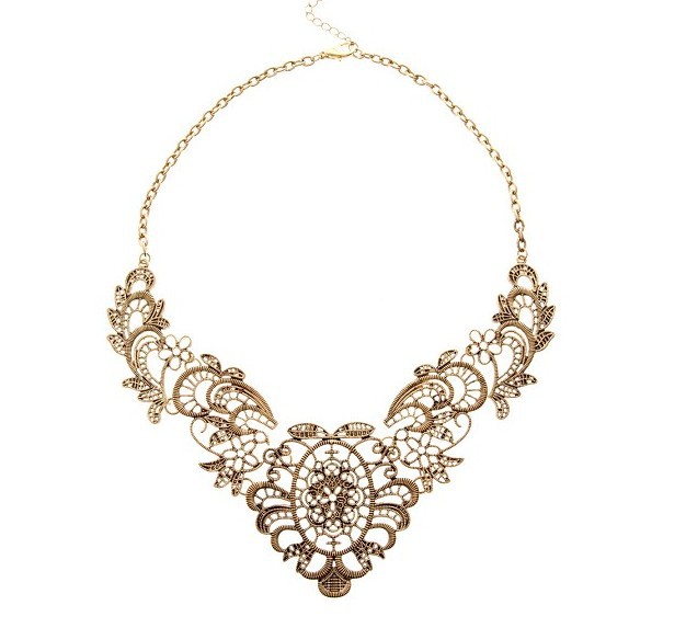 2014欧美大牌项链奢华蕾丝效果金属花丝淑女短项链