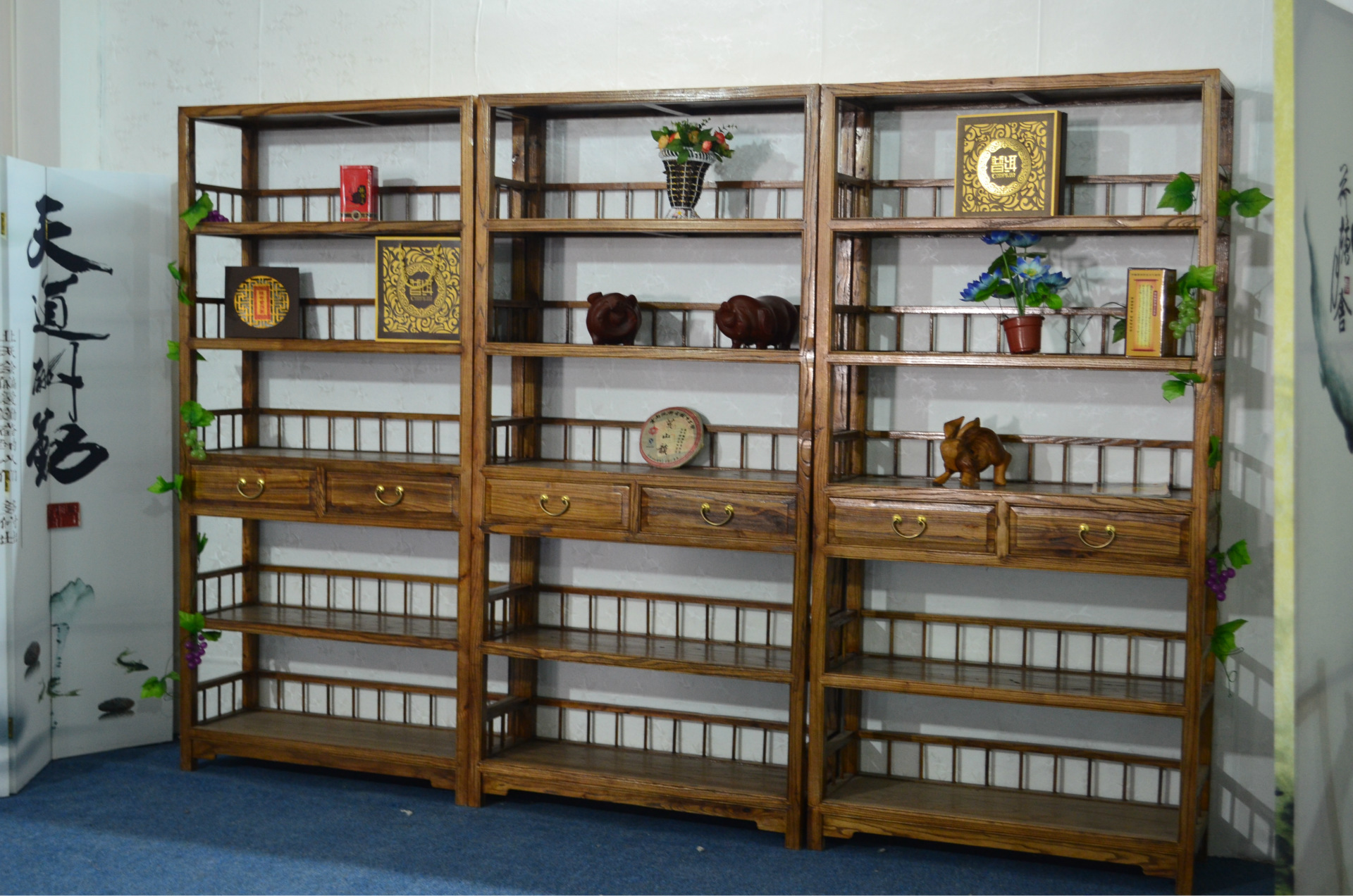 特价老榆木二抽书架展示架茶叶架 原木纯实木原生态家具厂家直销