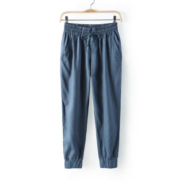 4w172 2014夏季新款松紧抽绳腰松紧裤脚棉麻小脚九分裤